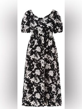 Time and Tru Black & White Floral Puff-Sleeve Midi Dress